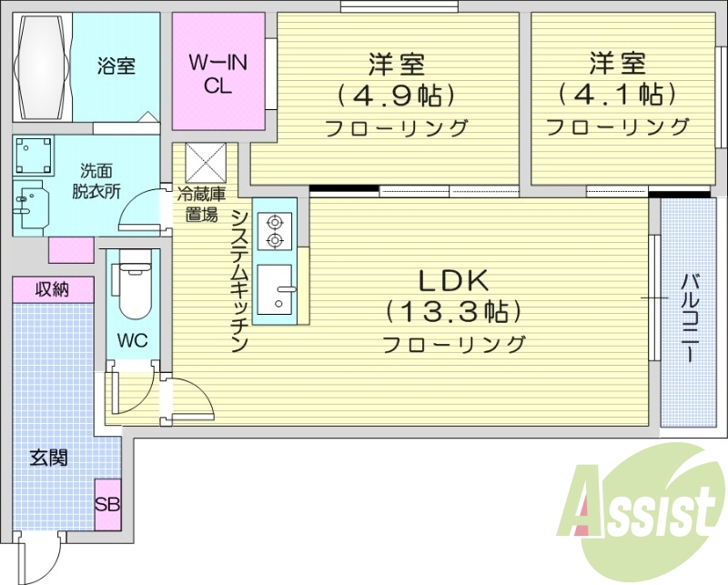 2LDK、エアコン、独立洗面台、システムキッチン