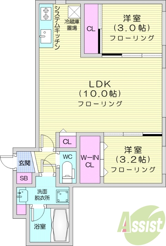 2LDK、エアコン、システムキッチン、独立洗面台