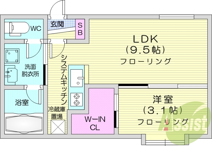 1LDK、エアコン、システムキッチン、独立洗面台