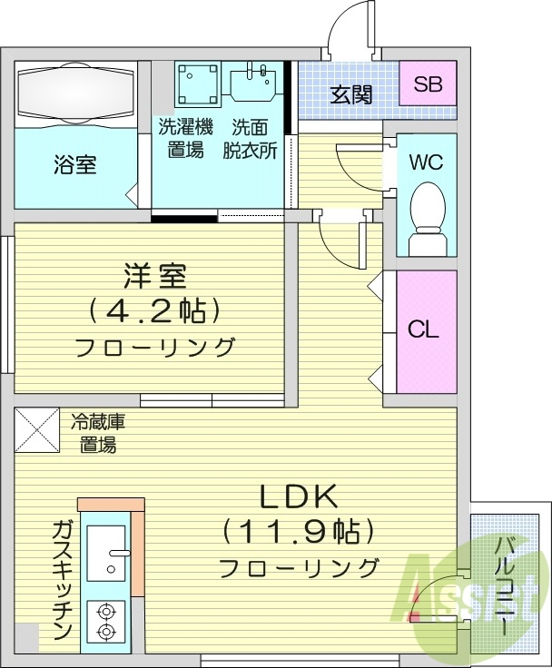 1LDK、都市ガス、オートロック、モニターホン