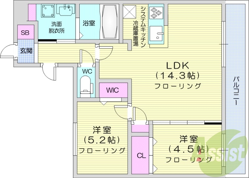 ２LDK、都市ガス、エアコン、システムキッチン、浴室乾燥機