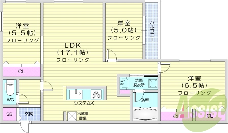 3LDK、エアコン、システムキッチン、1坪バス、追い焚き