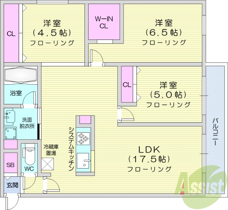 3LDK、エアコン、システムキッチン、1坪バス、追い焚き