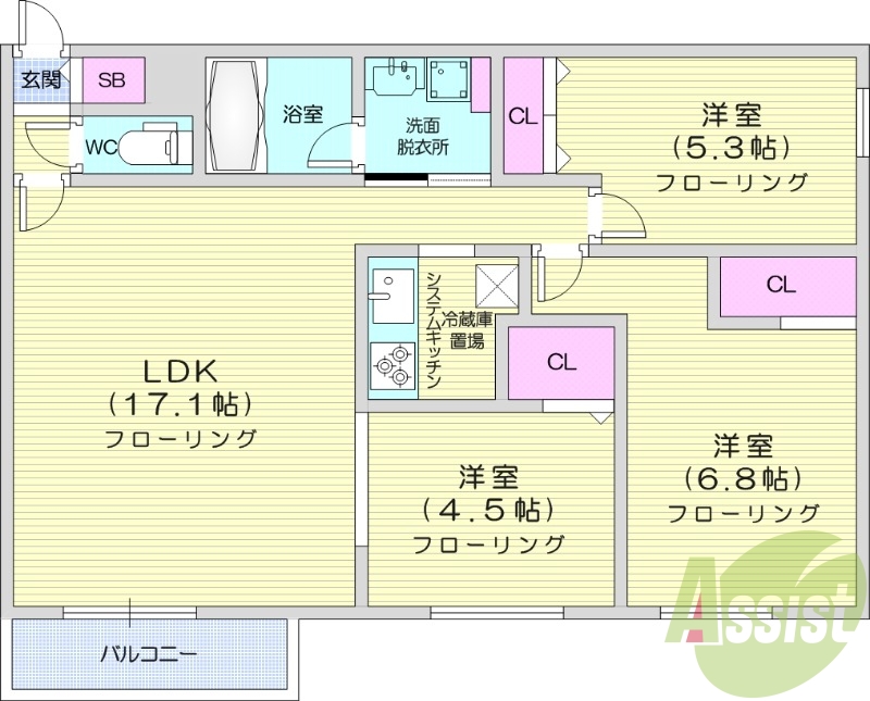 3LDK、エアコン、システムキッチン、1坪バス、追い焚き