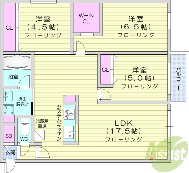 3LDK、エアコン、システムキッチン、1坪バス、追い焚き