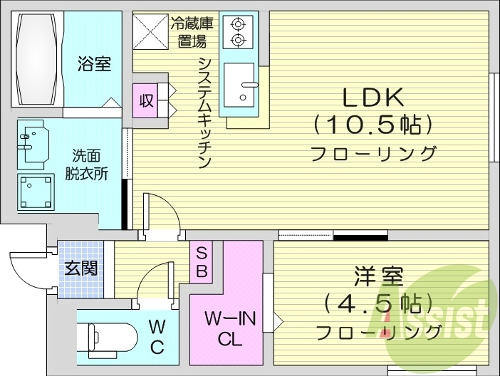 1LDK、エアコン、ネット無料、システムキッチン