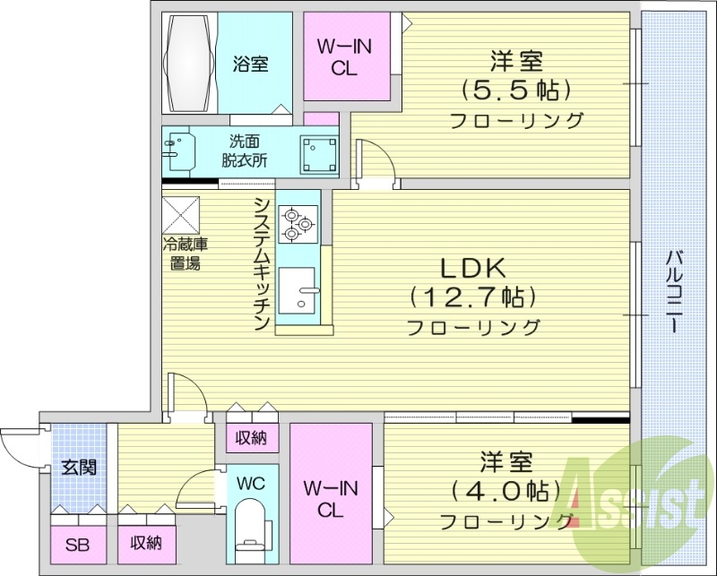 2LDK、都市ガス、エアコン、浴室乾燥機、追い焚き