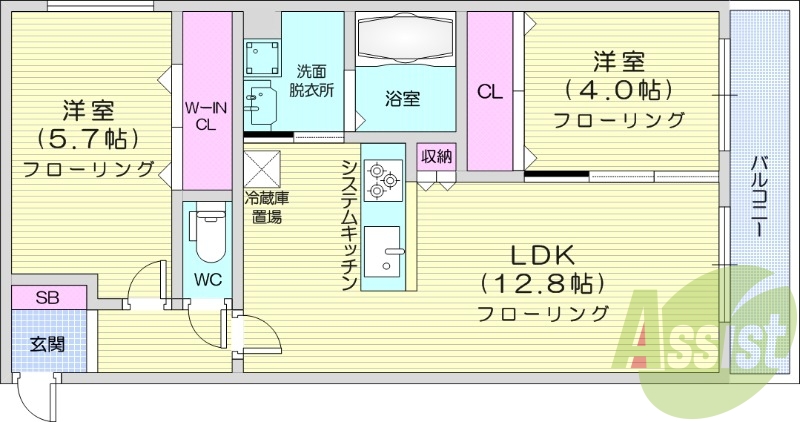 2LDK、都市ガス、エアコン、浴室乾燥機、追い焚き