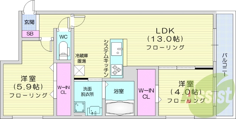 2LDK、都市ガス、エアコン、浴室乾燥機、追い焚き