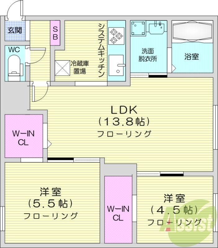 2LDK、エアコン、浴室乾燥機、システムキッチン