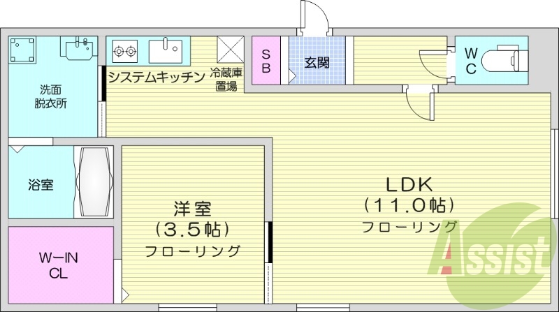 1LDK、エアコン、ウォークインクローゼット、システムK