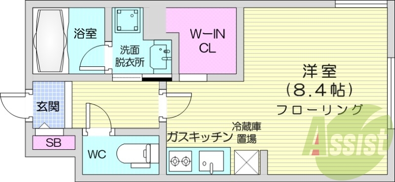 1K、都市ガス、エアコン、ガス暖房、ネット無料