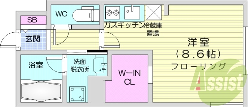 1K、都市ガス、エアコン、ガス暖房、ネット無料