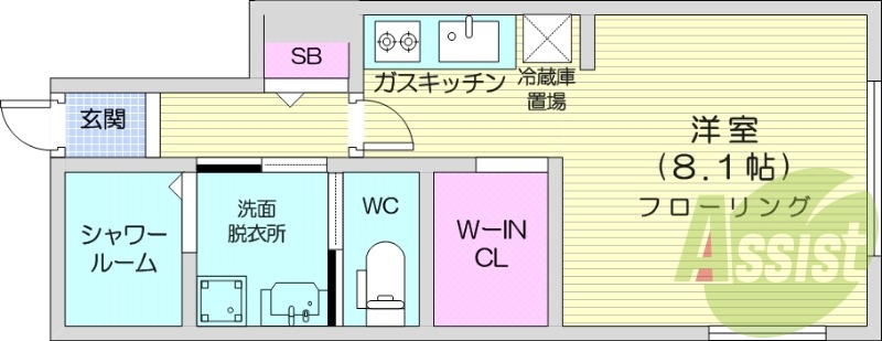1K、都市ガス、エアコン、ガス暖房、ネット無料