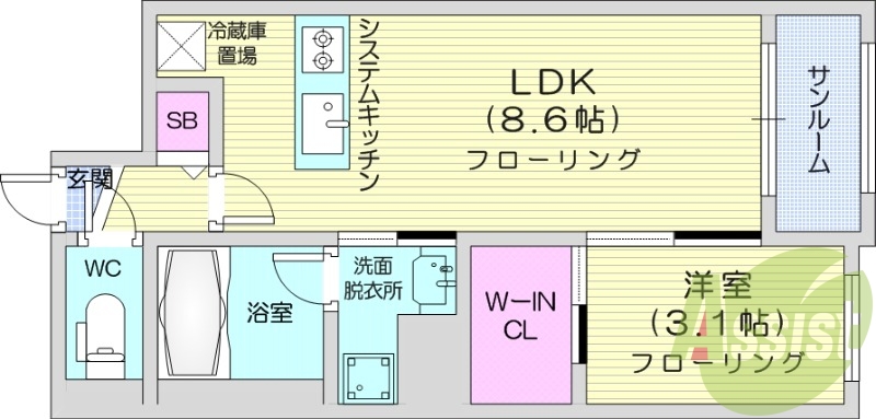 1LDK、都市ガス、エアコン、システムキッチン