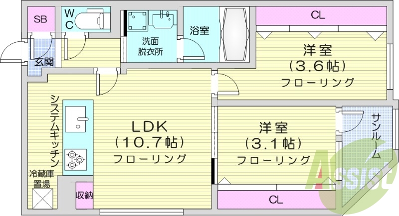 2LDK、都市ガス、エアコン、システムキッチン
