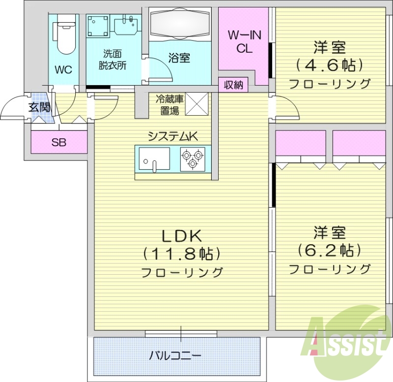 2LDK、都市ガス、エアコン、システムキッチン