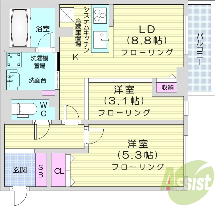 2LDK、都市ガス、エアコン、対面システムキッチン