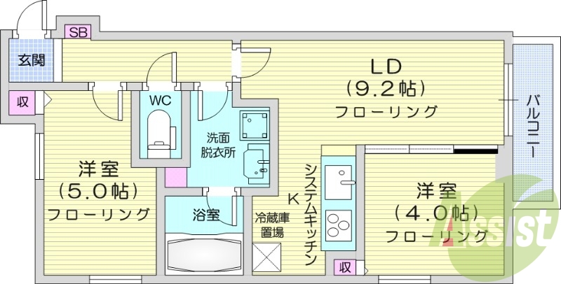 2LDK、エアコン、食器洗浄乾燥機、システムキッチン
