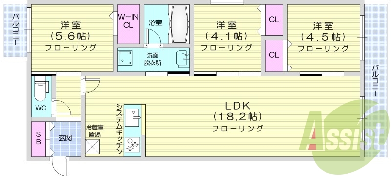 3LDK、都市ガス、エアコン、ガス暖房、ネット無料