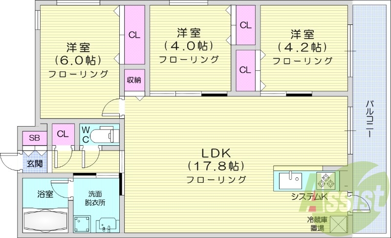 3LDK、都市ガス、エアコン、ガス暖房、ネット無料
