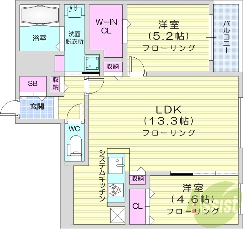 2LDK、都市ガス、エアコン、浴室乾燥機、システムキッチン