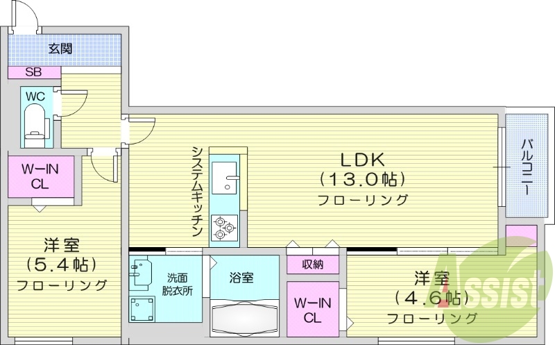 2LDK、都市ガス、エアコン、浴室乾燥機、システムキッチン
