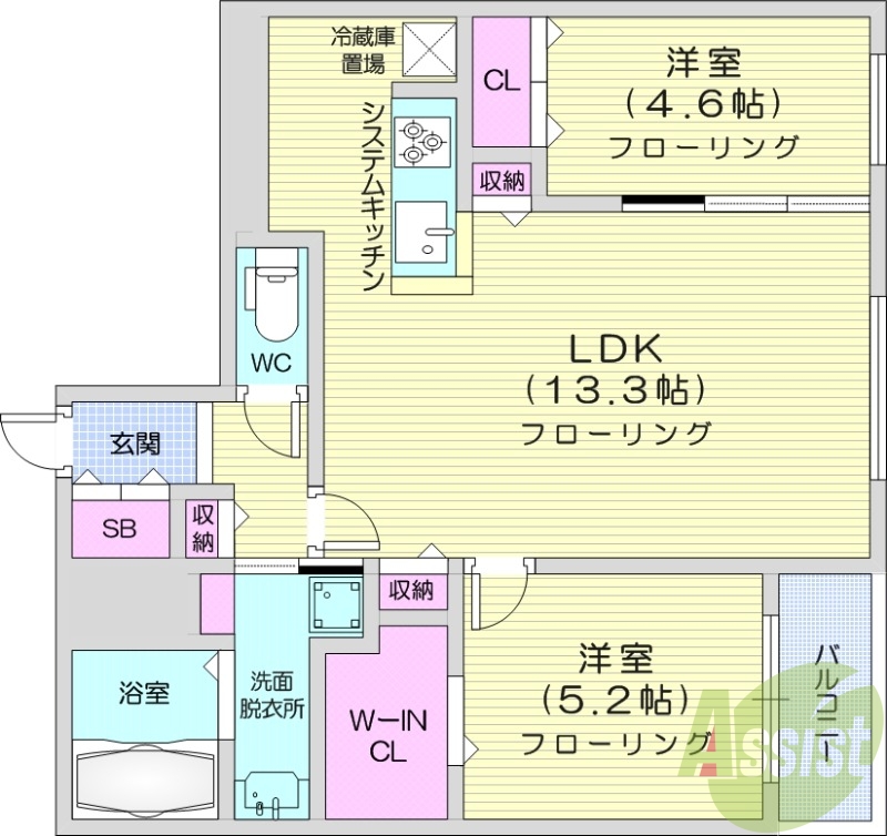 2LDK、都市ガス、エアコン、浴室乾燥機、システムキッチン