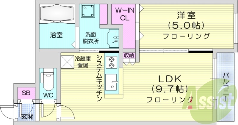1LDK、都市ガス、エアコン、浴室乾燥機、システムキッチン