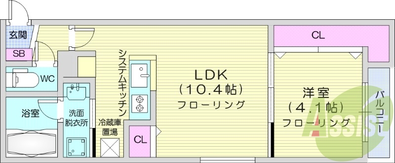 1LDK、都市ガス、エアコン、システムキッチン