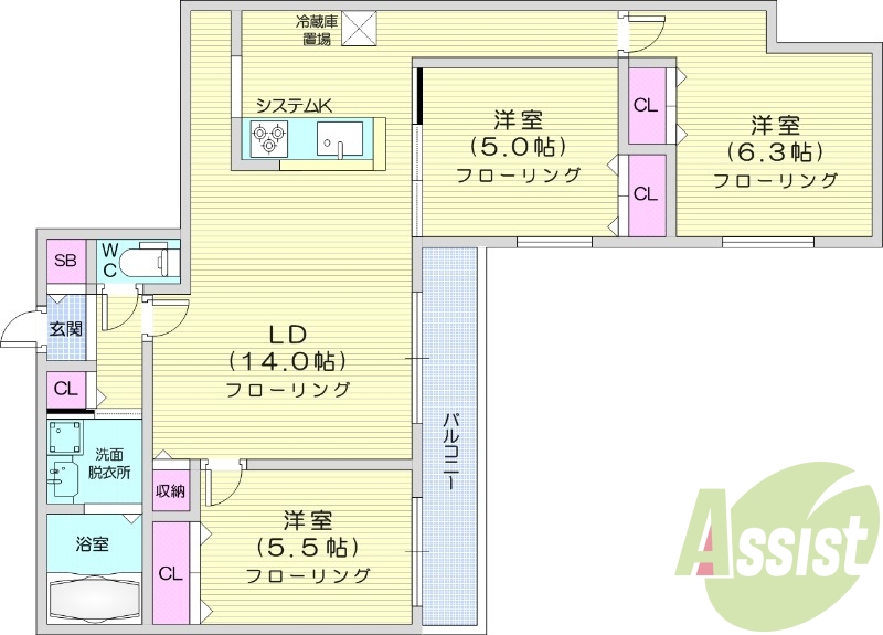 3LDK、都市ガス、エアコン、浴室乾燥機、ネット無料