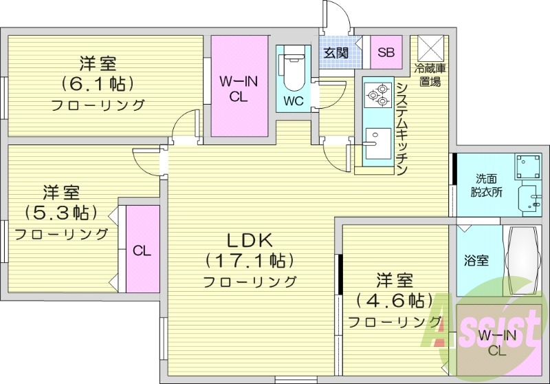 3LDK、エアコン、追い焚き、システムキッチン