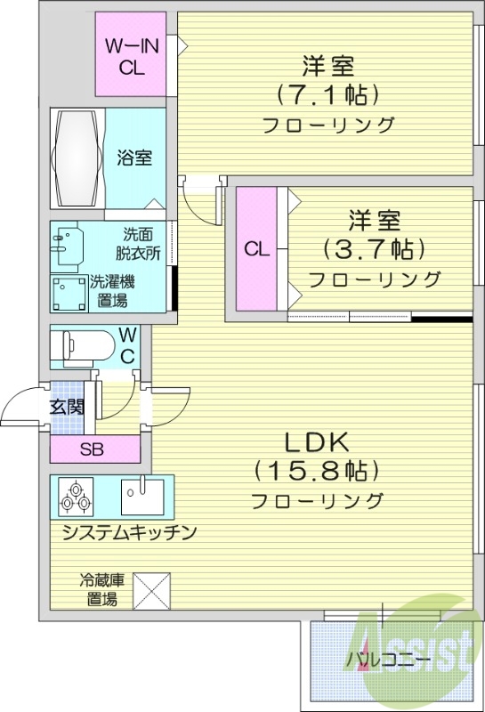 2LDK、都市ガス、エアコン、追い焚き、一坪バス