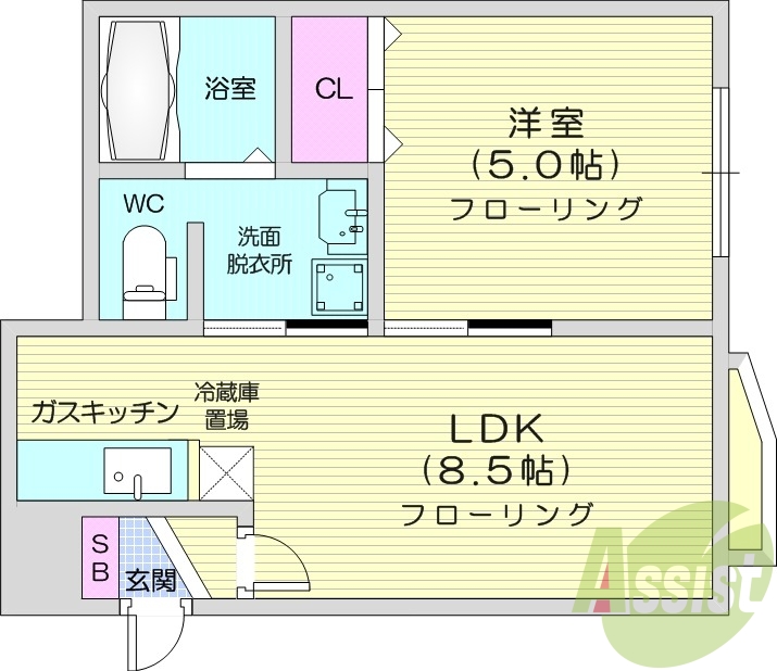 1LDK、角部屋、オートロック、モニター付きインターフォン