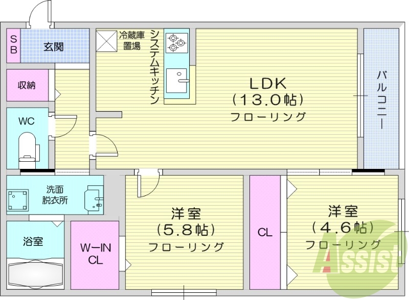 2LDK、システムキッチン、追い炊き、エアコン