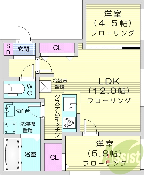 2LDK、エアコン、灯油暖房、システムキッチン、オートロック