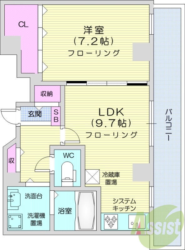 1LDK、エレベーター、都市ガス、システムキッチン、ガス暖房