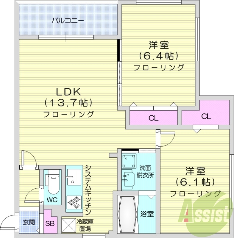 2LDK、エアコン、ガス暖房、ネット無料