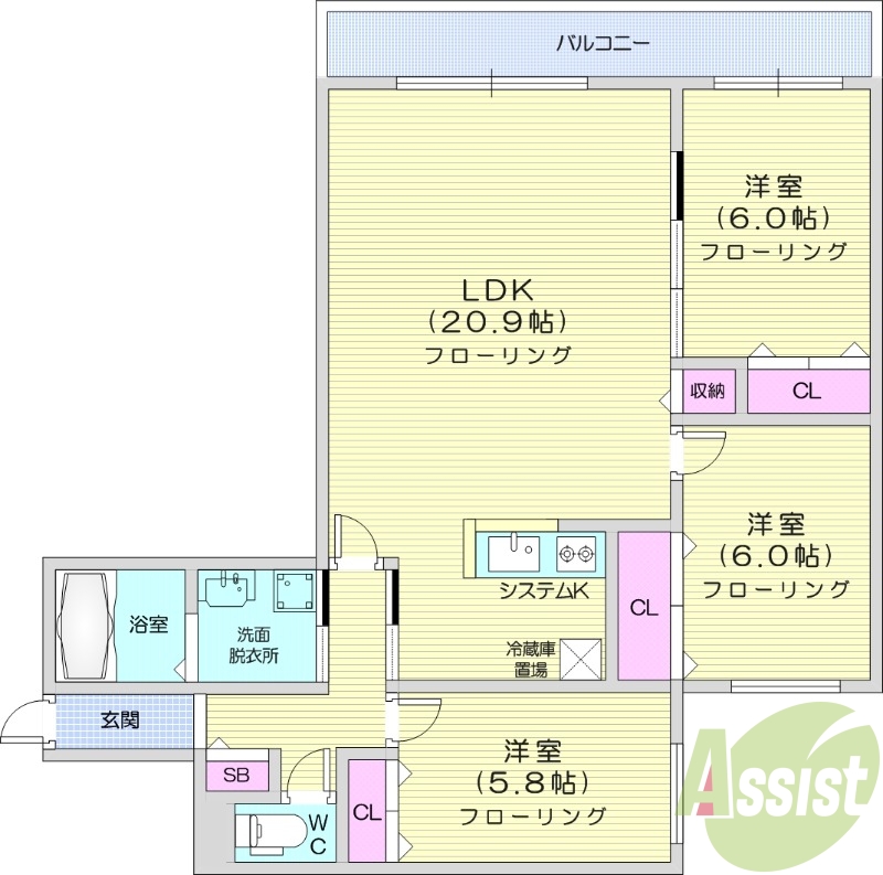 3LDK、エアコン、システムキッチン、追い焚き、1坪バス