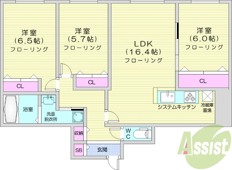 3LDK、エアコン、システムキッチン、追い焚き、1坪バス