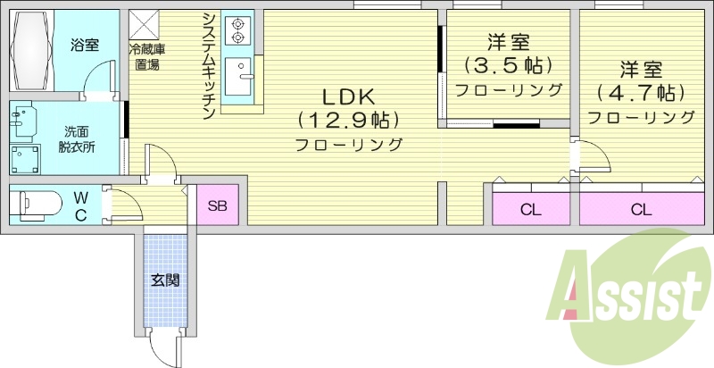 2LDK、都市ガス、エアコン、システムキッチン