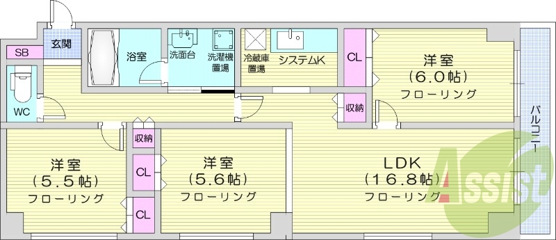 3LDK、オートロック、モニターホン、システムキッチン