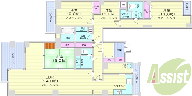 4LDK、ワンフロア、都市ガス、システムキッチン