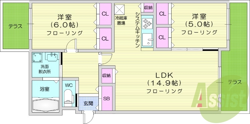 2LDK、都市ガス、エアコン、浴室乾燥機、追い焚き