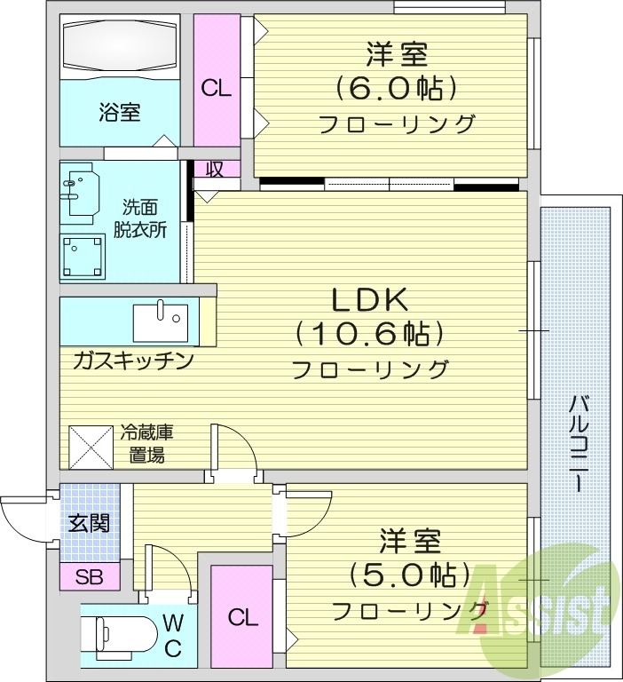 2LDK、エアコン、灯油暖房、バルコニー、宅配ボックス