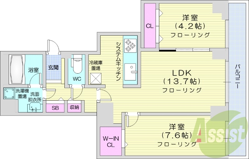 2LDK、オートロック、都市ガス、システムキッチン