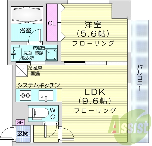 1LDK、エアコン、システムキッチン、シューズボックス