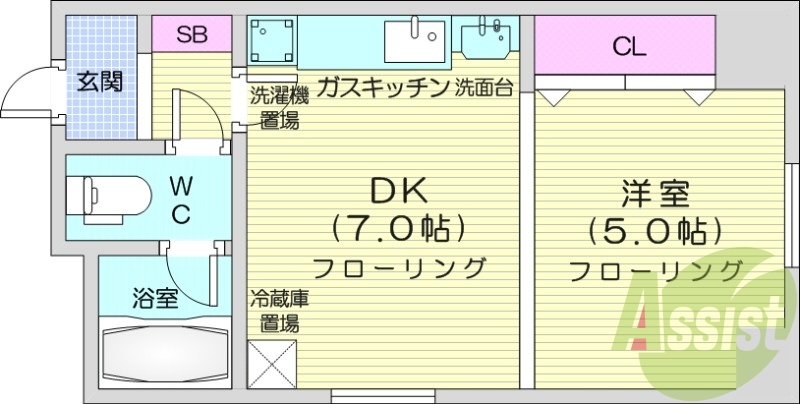 1DK、ガスFF暖房、収納、バストイレ別