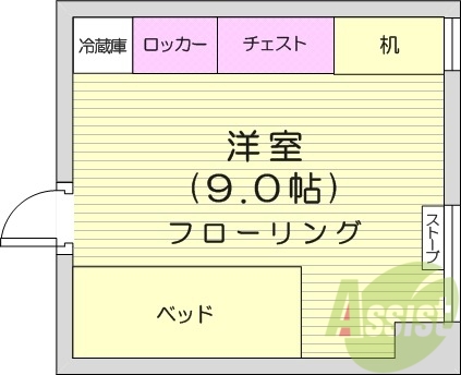 ワンルーム、ベッド、チェスト、ロッカー、冷蔵庫、暖房