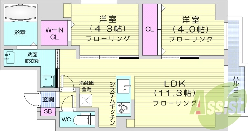 2LDK、都市ガス、エアコン、システムキッチン、浴室乾燥機